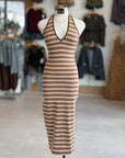 Sienna midi dress in brown and cream stripes, front view on mannequin