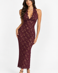 Eva Mesh Midi Dress worn by model in burgundy lace with scalloped halter neckline
