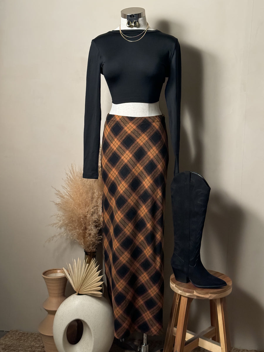 スカート Melange Flannel Skirt Checkered Past Belted Drop-Waist Plaid Maxi Skirt