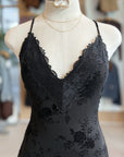 Juliette Mini Dress bodice close-up showing black flocked roses and lace V-neck