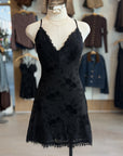 Juliette Mini Dress front view on mannequin with black flocked floral lace trim