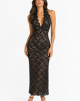 Eva Mesh Midi Dress on a model with scalloped lace halter neckline.