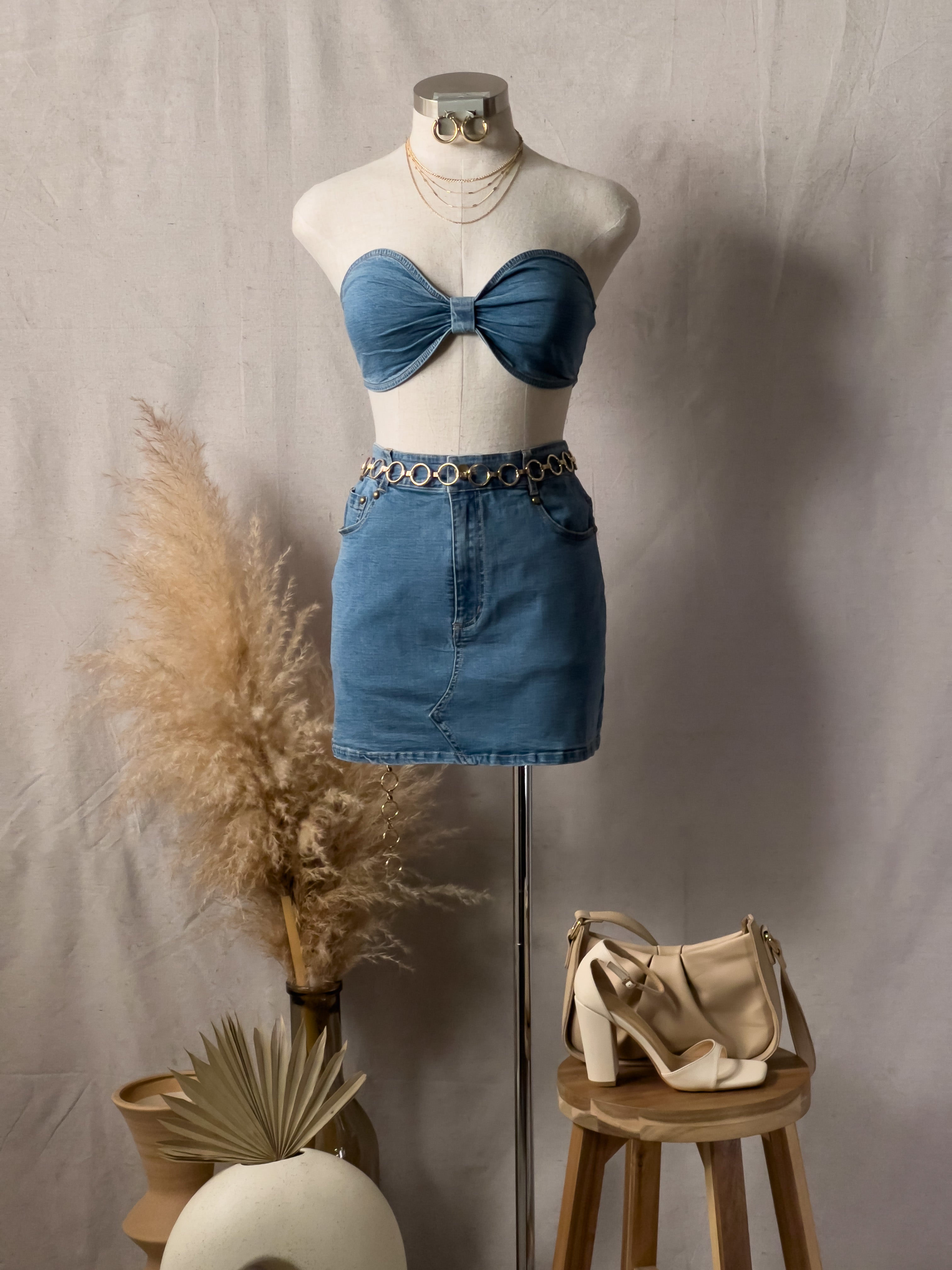 Lanye Denim Bralette Skirt Set